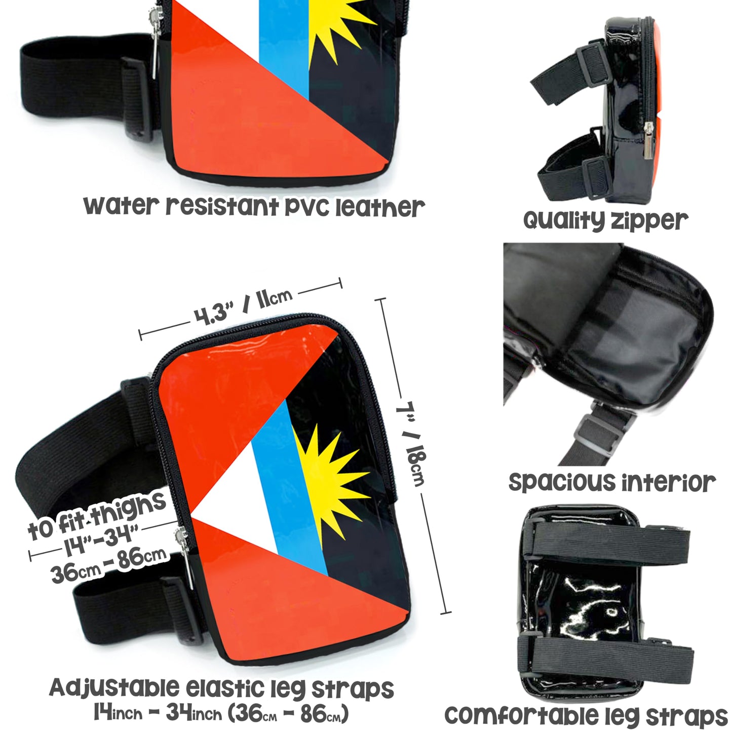 Antigua Flag Thigh Bag | Leg Harness for Women | Outdoor Waist Pouch | Carnival Hiking Travel Fanny Pack with Adjustable Straps | Antigua Barbuda