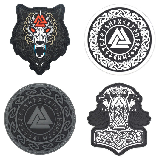 ATHIPATCHES Military Morale Patches - Norse Viking Set of 4 Pieces: Wolf, Thor Hammer Mjolnir, Odin Valknut Symbol Celtic Art, PVC Rubber Tactical Emblem with Hook and Loop Fastener Backing