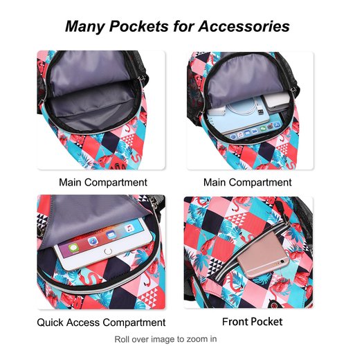 MOSISO Crossbody Sling Backpack, Portable Travel Hiking Daypack Chest Sling Bag Casual Daypack One Strap Chest Backpack for Women Men Outdoor Hiking Travel, Flamingo&Rhombic Grid