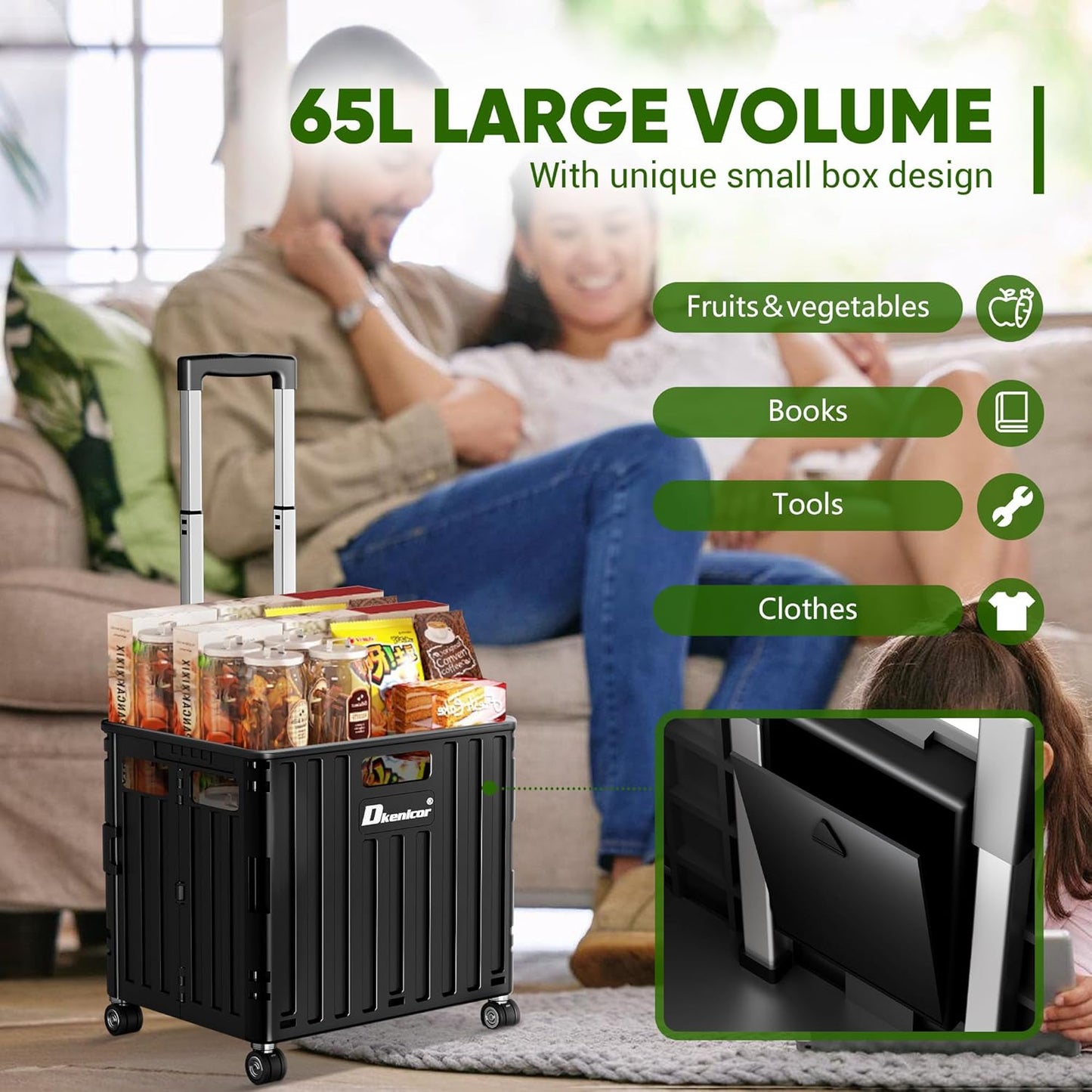 Folding Utility Cart with Lid, Portable Rolling Crate Handcart Collapsible Shopping Trolley, Durable Plastic Foldable Tool Basket with 4 Rotate Wheels for Grocery, Office, Luggage, School - White