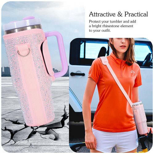 Bling Water Bottle Carrier Bag for Stanley 40oz Tumbler, Bling Rhinestone Water Cup Holder with Adjustable Strap for 40oz Stanley Cup Accessories Gifts (Pink Bling)