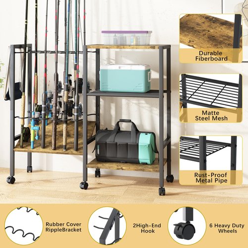 Azheruol Fishing Rod Rack Fishing Equipment Organizers With Wheels, Metal Fishing Gear Shelf Up To 12 Rods, Fishing Rod Holders Fishing Pole Storage Cart For Garage Home Entryway Corner