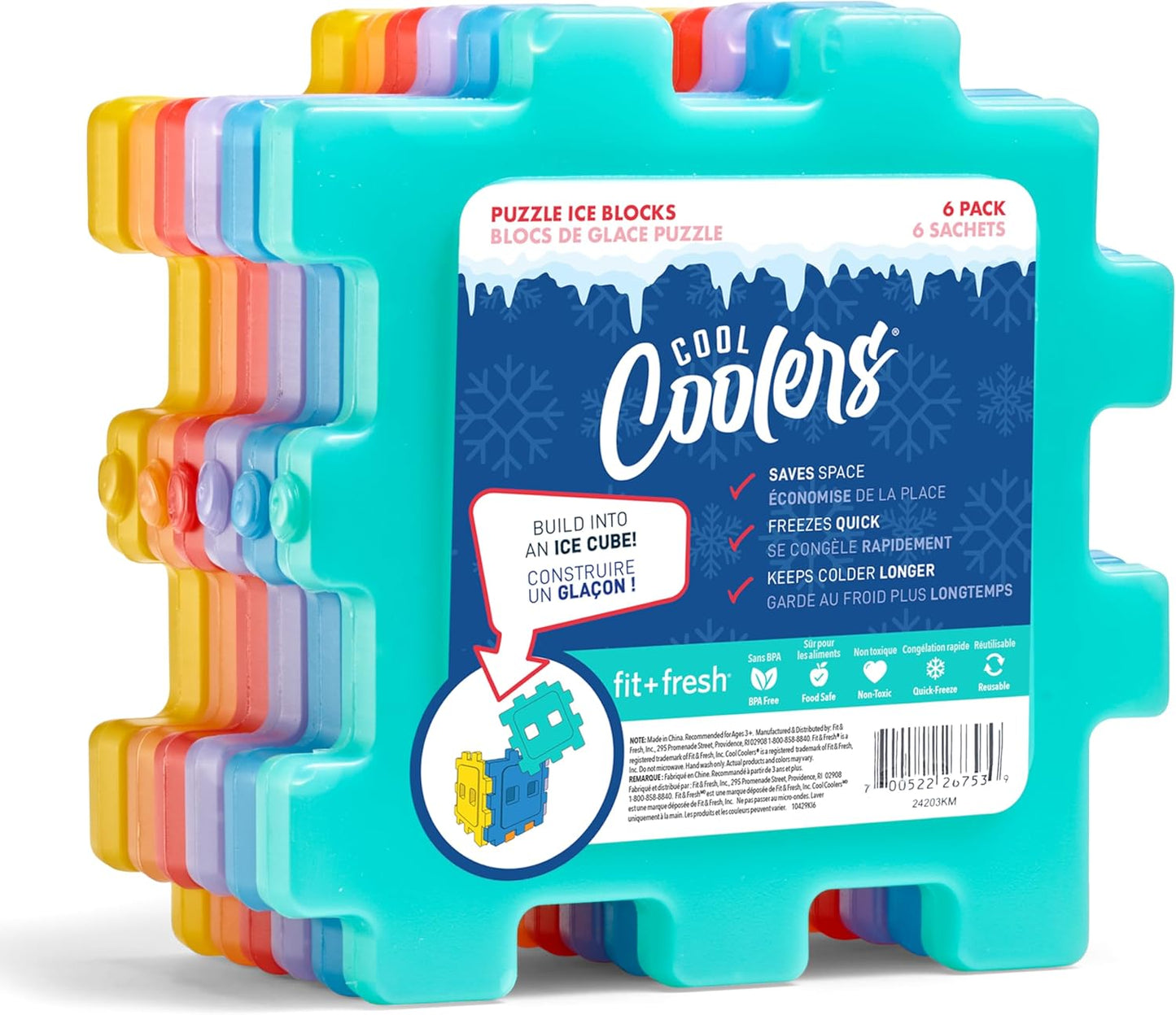 Cool Coolers By Fit & Fresh 4 Pack Slim Ice Packs, Quick Freeze Space Saving Reusable Ice Packs for Lunch Boxes or Coolers, Multi Colored, Single Pack