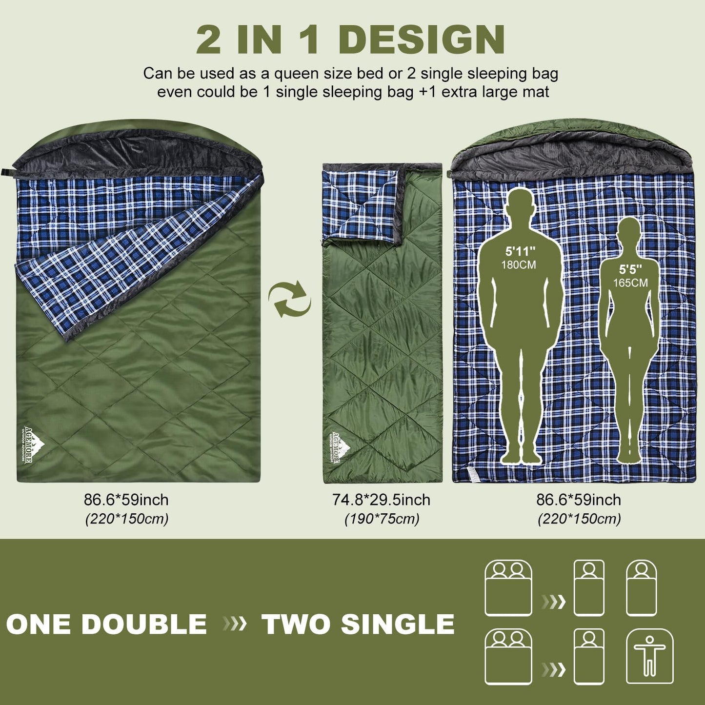 AGEMORE Cotton Flannel Double Sleeping Bag with Fleece Lined Hood, Waterproof Queen Size 2 Person Sleeping Bag for Adults Cold Weather Camping Backpacking or Hiking, 3-4season