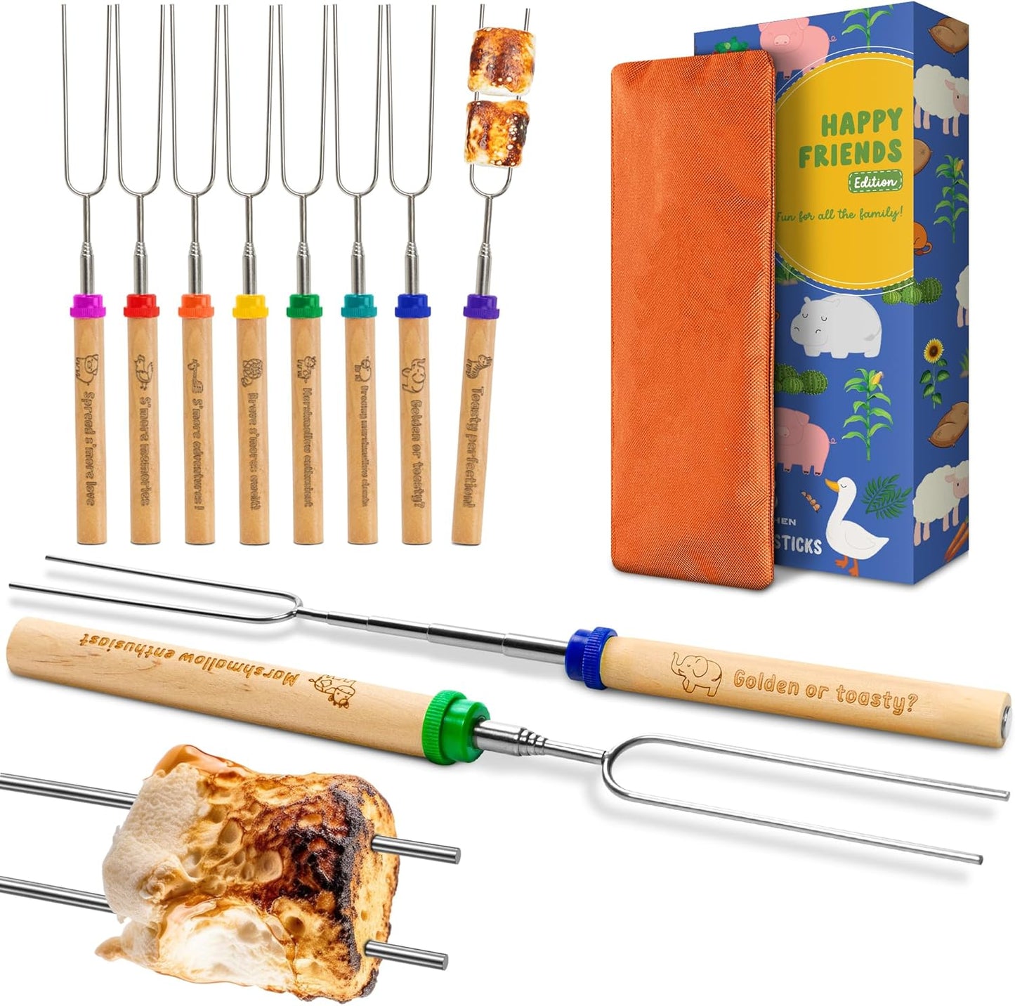 Premium Telescoping Marshmallow Roasting Sticks - Set of 6 Extra Long Smores Sticks for Campfire & Fire Pit