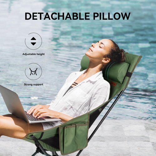 TOBTOS Portable High Back Camping Chair, Support Heavy Duty 440 lbs, Compact Folding Chair with Detachable Pillow for Camp, Hiking, Backpacking (Green)