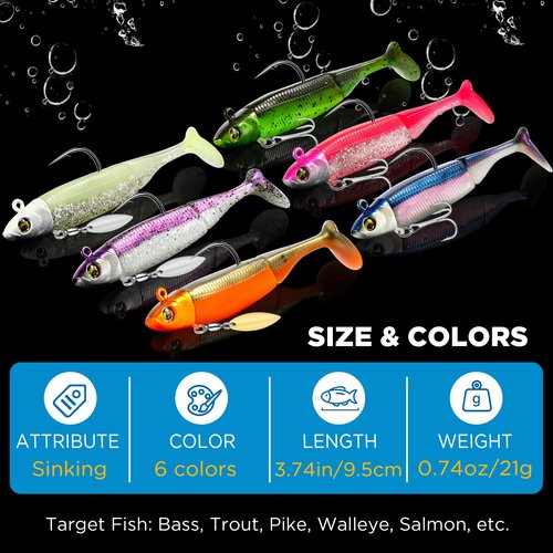 PLUSINNO Fishing Lures, Pre-Rigged Jig Head Bass Lures with Spinner, Fishing Bait for Freshwater Saltwater, Soft Plastic Fishing Lures Swimbait for Trout Crappie Fishing Gear, Fishing Gifts for Men