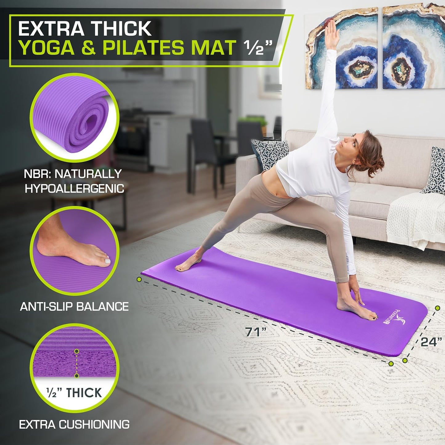 Extra Thick ½” Yoga & Pilates Mat - 71” High Density Foam with Carry Strap