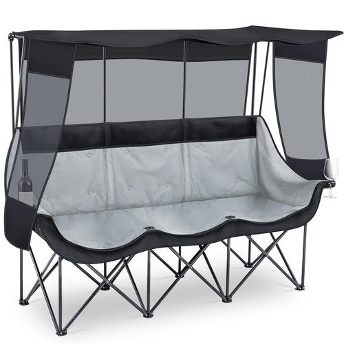 Teenyyou Oversized 3 Person Camping Chair with Canopy Shade Fully Padded Folding Camping Beach Lawn Chair for Summer Fall Outdoor Activities, Sturdy Loveseat with Cup Holder and Carry Bag(Black)