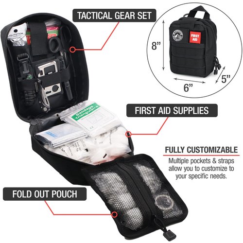 The Brazos First Aid Survival Kit, 250 Pieces, Hiking & Camping Essentials, Survival Gear and First Aid Combo for Emergency Preparedness, Lightweight, Portable, Tactical Clips & Closures, Black