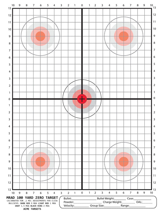 MRAD 100 Yard Zero Target Calibrated for .1 Mil Adjustment per Click. 100 Yard scoped Rifle Target. Perfect for Load Development. - 25 Targets