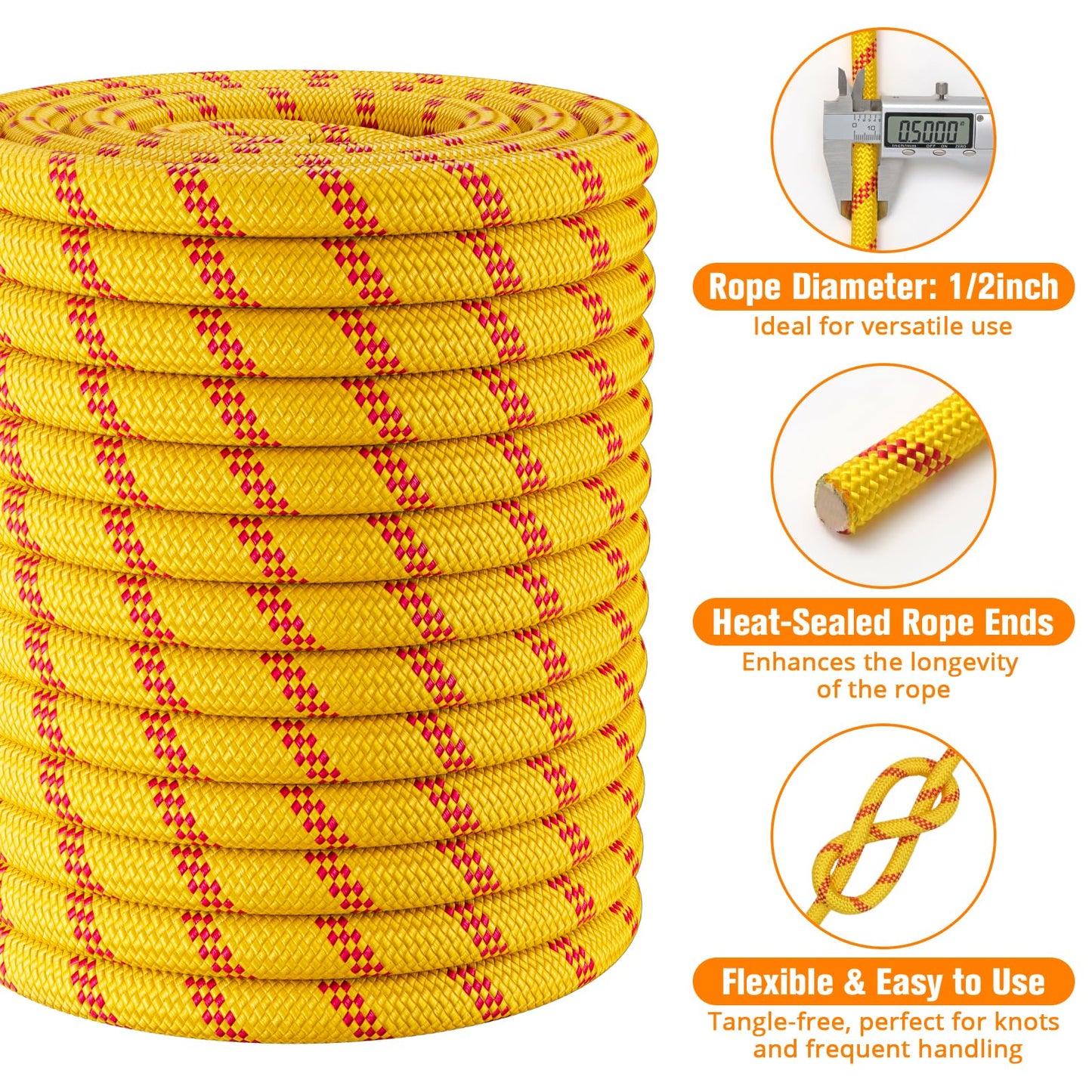 Double Braided Arborist Rigging Rope - 1/2 in X 150 ft 48 Strands Rappelling Outdoor Pulling Heavy Duty Polyester Bull Rope for Swing Tree Work Camping Rescue Hiking - Yellow