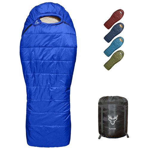 Azitrek 0 Degree Camping Sleeping Bags Mummy for Adults Youth | XXL Big and Tall 3-4 Season Warm Cool Winter Cold Weather Sleeping Bag w. Compression Sack | Side Sleeper Friendly (Lake Tahoe Blue)