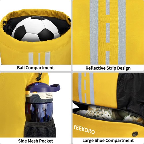 YEEKORO Soccer Backpack Multifunctional Sport Gym Bags Lightweight Soccer Bag with Shoe Compartment for Football Basketball Volleyball（Basic Model，Yellow）