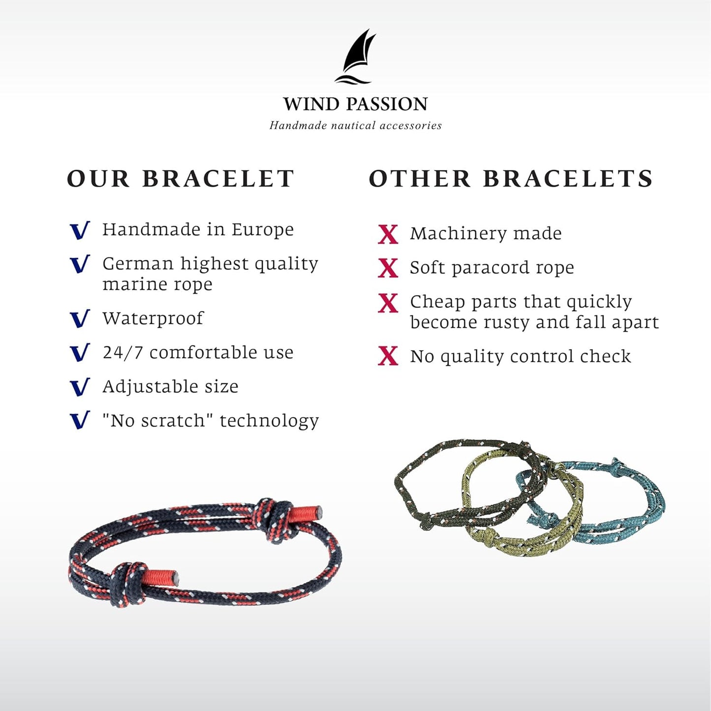 Wind Passion - Rope Bracelet for Men & Women - Adjustable Sailors Knot Paracord Bracelet - Waterproof & Sturdy