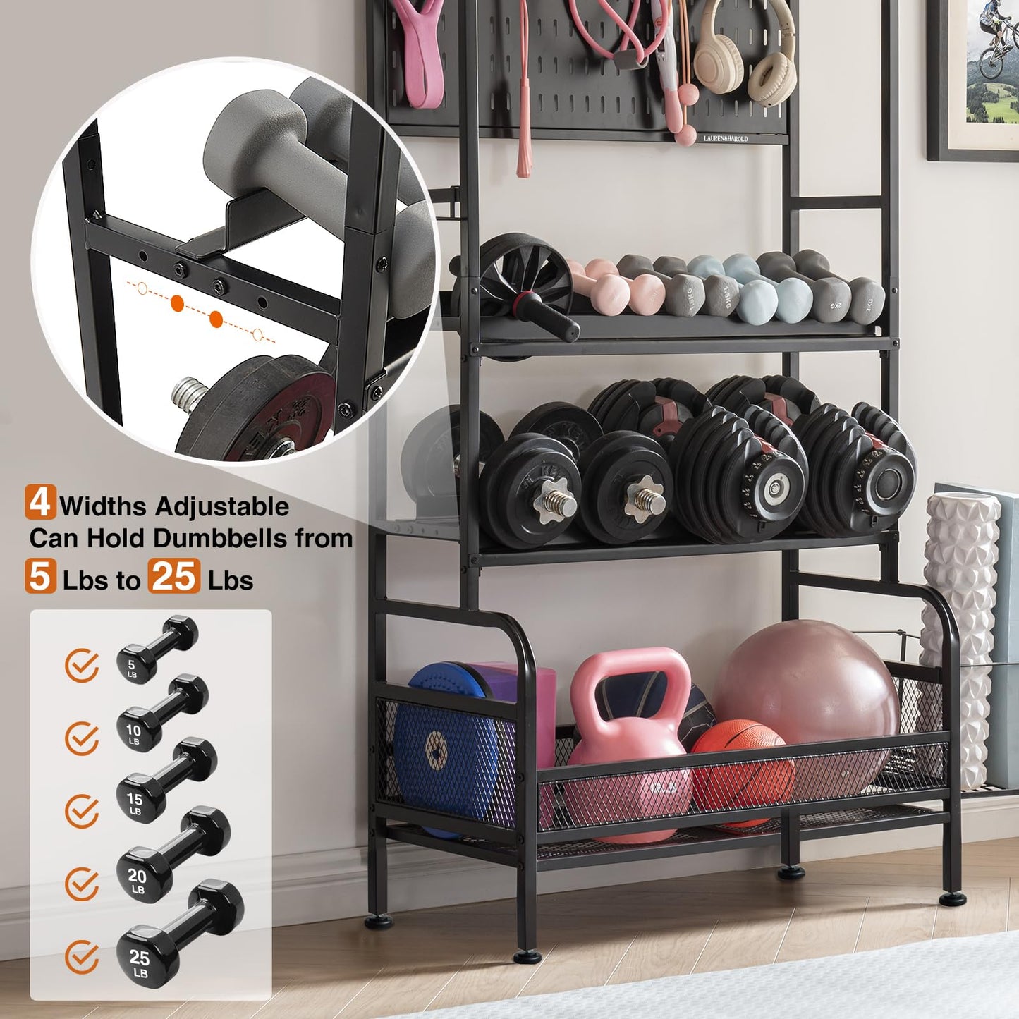 56'' Taller Home Gym Storage Organizer, Yoga Mat Storage Rack with Hanging Board, Exercise Workout Equipment Storage Stand for Home Gym, Dumbbell Holder Kettlebell Rack with Wheels and Hooks (Black)