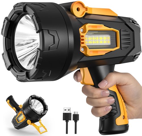 MIXILIN Rechargeable Spotlight 90,000 Lumens, Super Bright LED Spotlight Flashlight Outdoor with COB Light & Foldable Tripod, 10000ɱAh Long Lasting Large Handheld Spot Light for Boating Camping