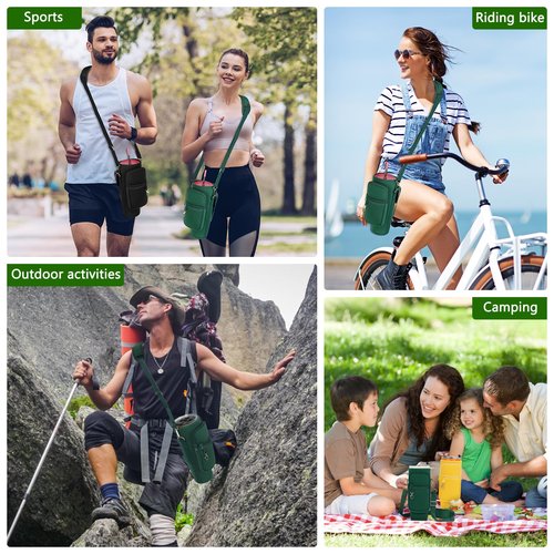 Water Bottle Carrier Bag with Phone Pocket Compatible with Stanley/Meoky 40 oz Tumbler with Handle,Water Bottle Holder Pouch with Adjustable Strap Compatible with Stanley Cup Accessories,Green