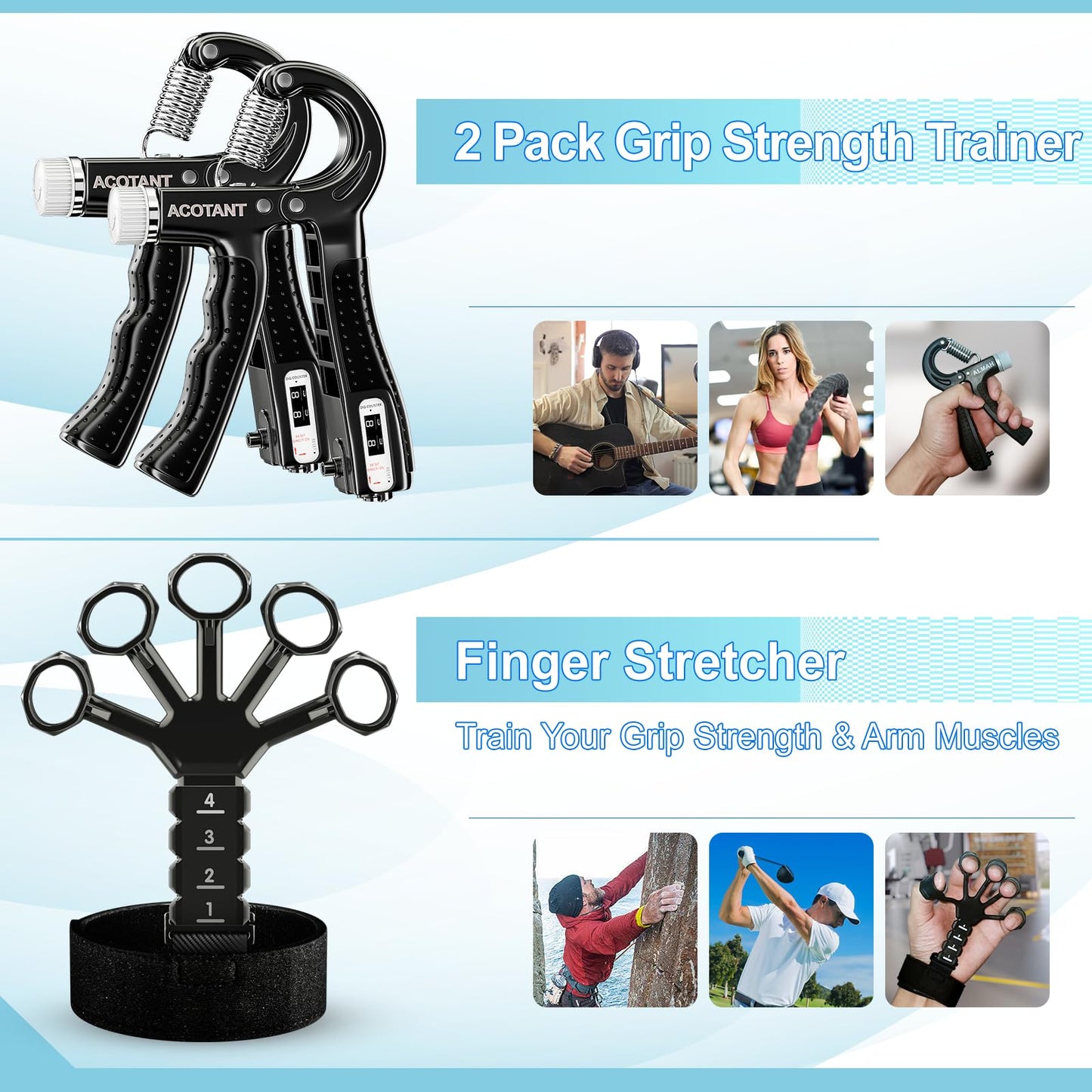 Acotant Grip Strength Trainer(5 Pack) with Finger Exerciser, Hand Grip Strengthener, Finger Stretcher,Grip Ring & Stress Relief Ball for Muscle Building and Injury Recover with Carry Bag