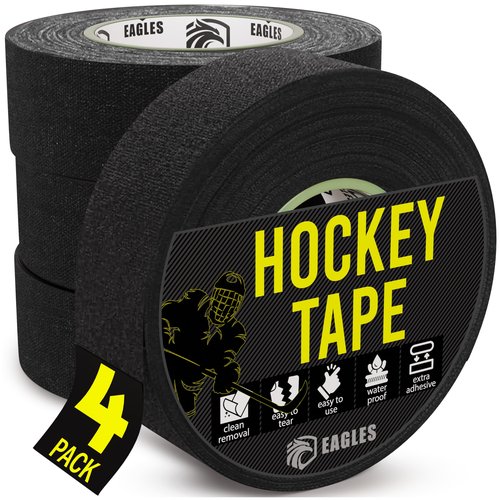 EAGLES 4 Pack Hockey Tape Black, White or Clear Multipurpose Durable Cloth or PVC Tape Roll - Strong Adhesive - Hokey Sports Gifts, Accessories, Equipment, Gear (4 Pack Black)