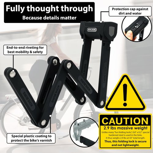 KOHLBURG 43" Heavy Duty Folding Bike Lock [Bolt Cutter Proof] for e-Bike & Bicycle – 110cm High-Security Foldable Lock with Bracket & 3 Keys – Anti-Theft for Bicycle e Scooter & Bikes
