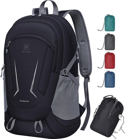 MIYCOO Backpack - Ultra Lightweight Packable Backpack for Travel Camping, 45L Hiking Back Pack Waterproof Foldable Daypack for Men Women Black