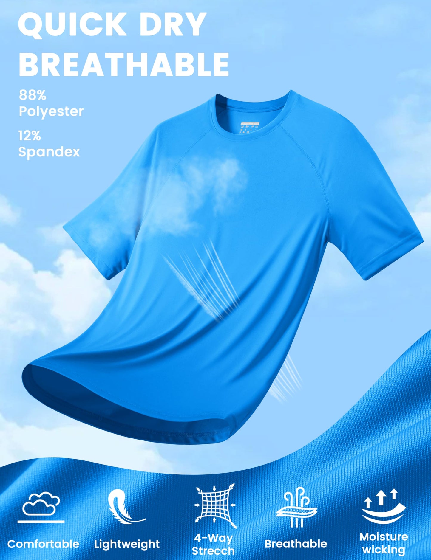 MAGCOMSEN Mens Quick Dry Sun Shirt UPF 80+ Short Sleeve Shirts UV Protection Rash Guard for Swimming Azure, M