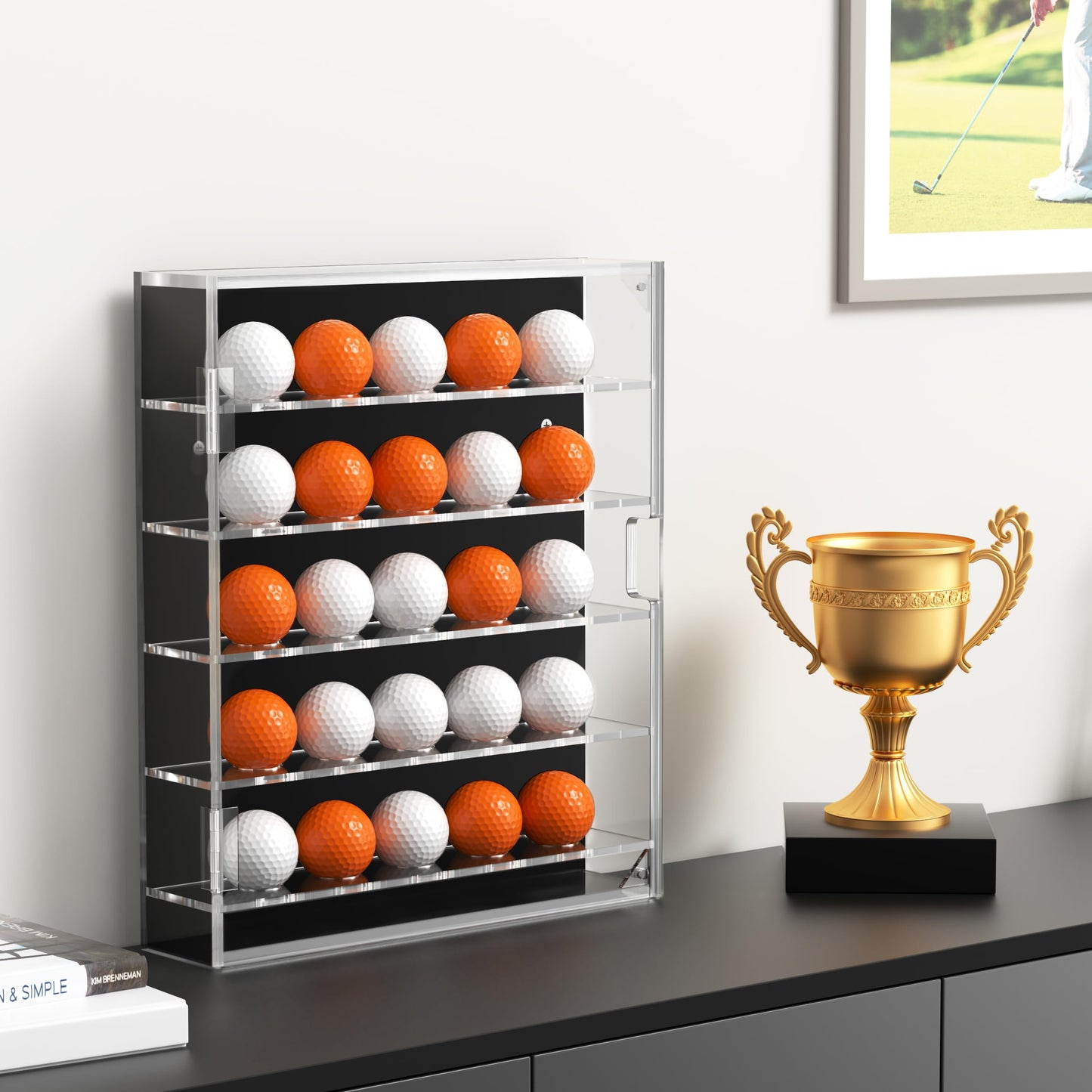 HBlife Acrylic Golf Ball Display Case Wall Mounted Cabinet Holder, Mirrored UV-Protection Clear Golf Ball Rack Holds 30 Balls with Magnetic Door Shadow Box for Collector Memorabilia Autograph Balls