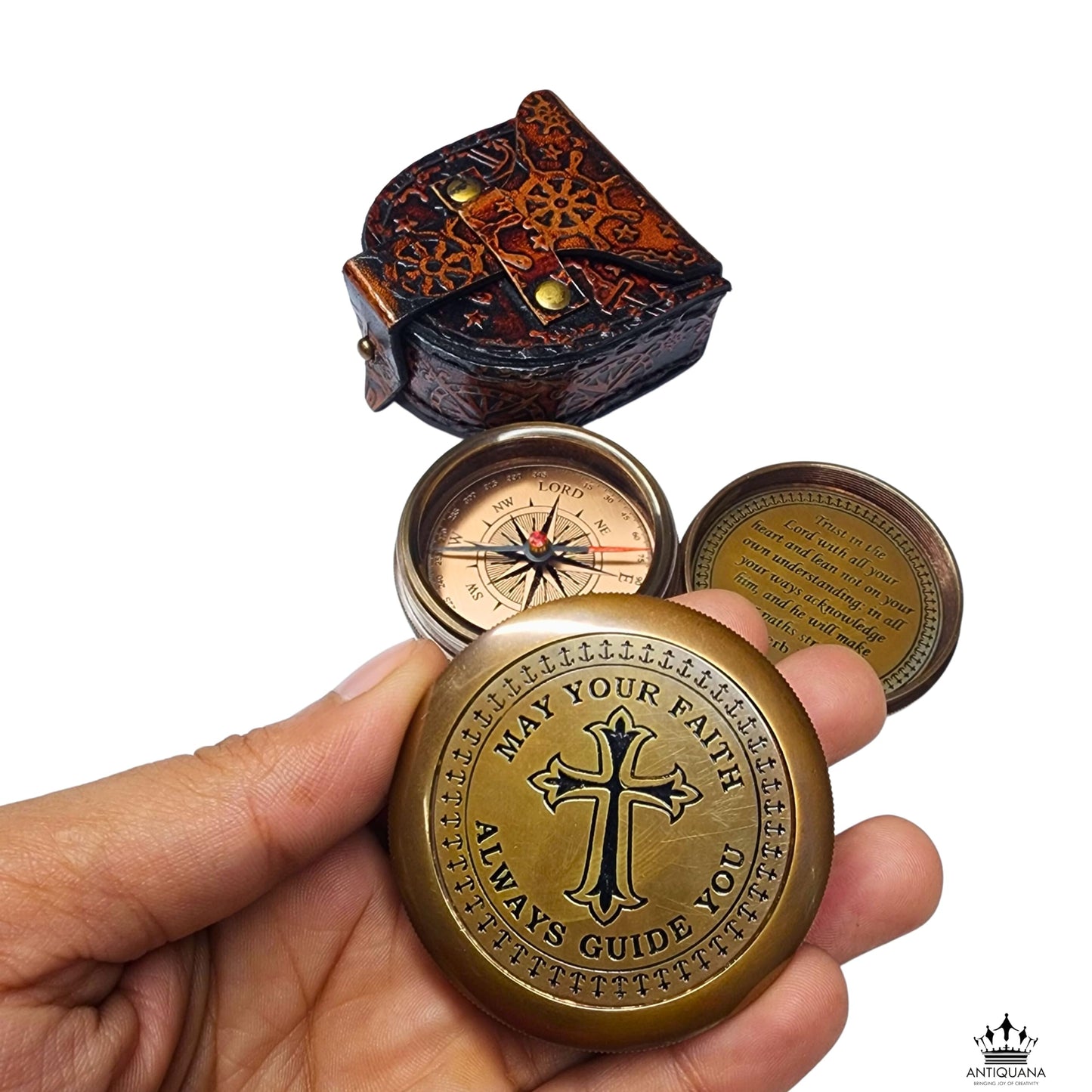 Trust in The Lord with All Your Heart - Proverbs 3:5-6 Quote Engraved Compass with Wooden Box or Leather case, Greeting Card, Gift Compass, Graduation Day Gifts 2025 for Women Men Boys Girls