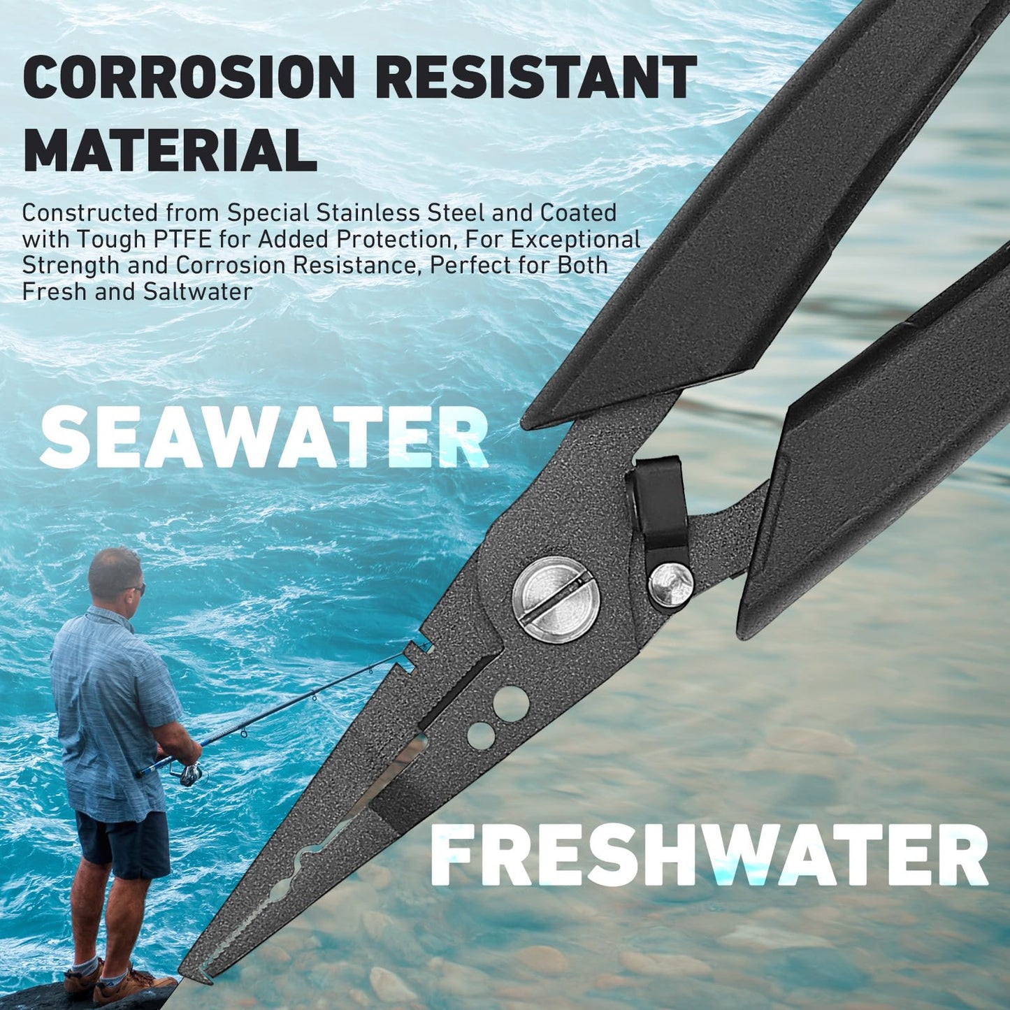 Golden J Teflon Fishing Pliers, Multi-Function Hook Remover-Split Ring Pliers, PE/Braided Line Cutter, Saltwater Resistant Fishing Gear, For Deep-Sea, Ice & Surf Fishing - Ideal for Anglers