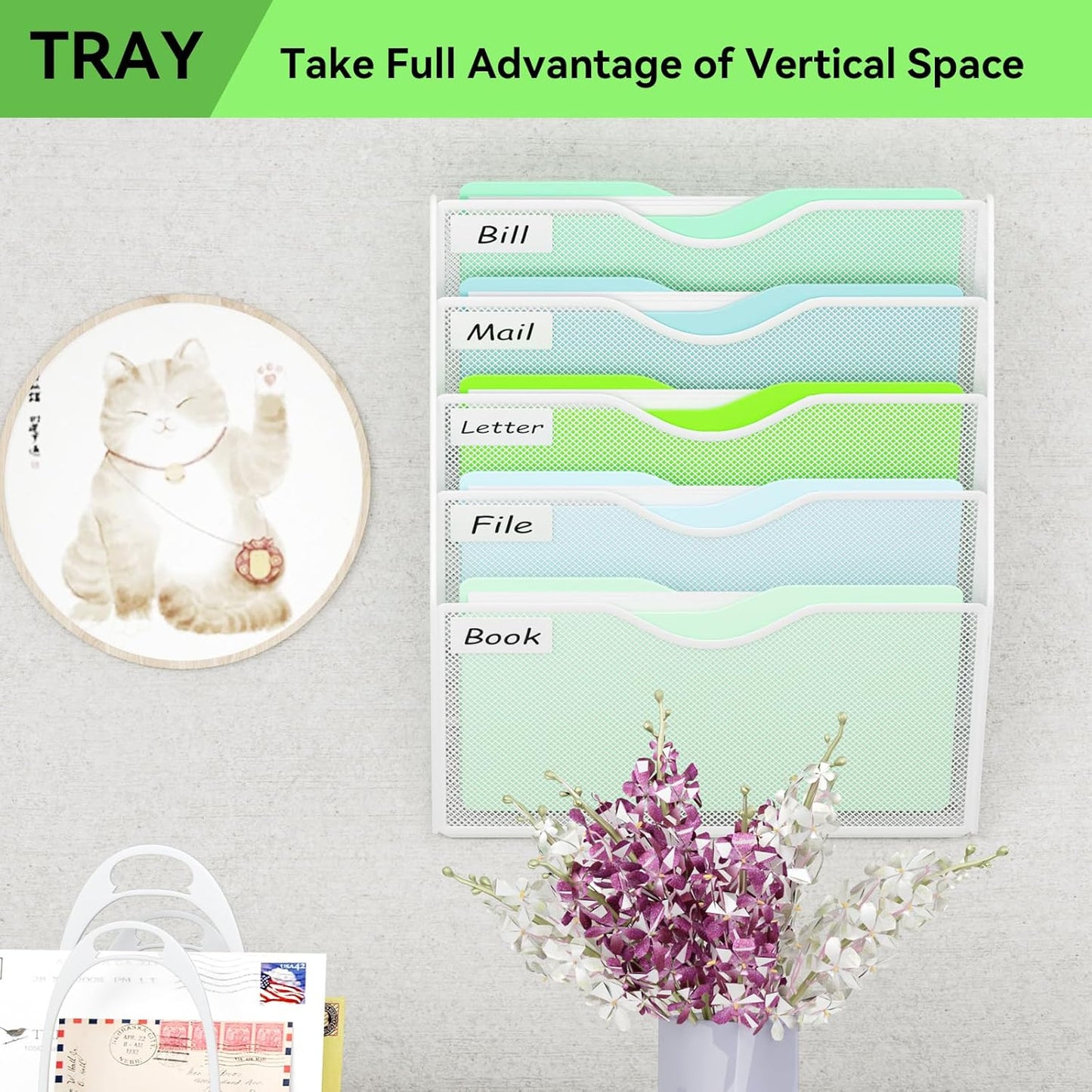 5 Pockets Mesh Hanging Wall File Holder Organizer Wall Mounted Paper Magazine Rack, Black