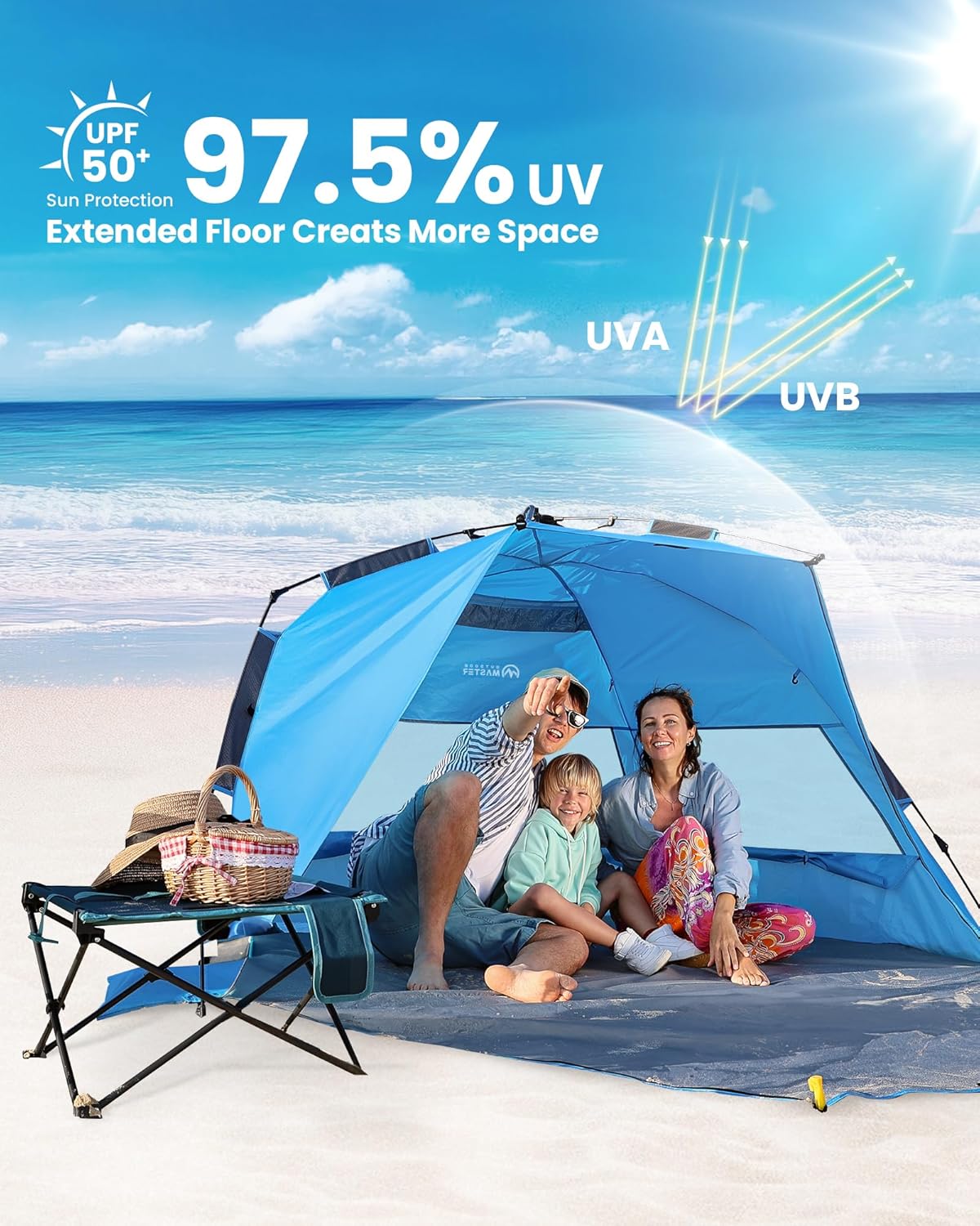 OutdoorMaster Beach Tent Sun Shelter for 3-4 Person, Pop Up Beach Tent Easy Setup with Sandbags, Portable Sun Shade Canopy with Carrying Bag for Beach & Outdoor, UPF50+ UV Protection, Family Size