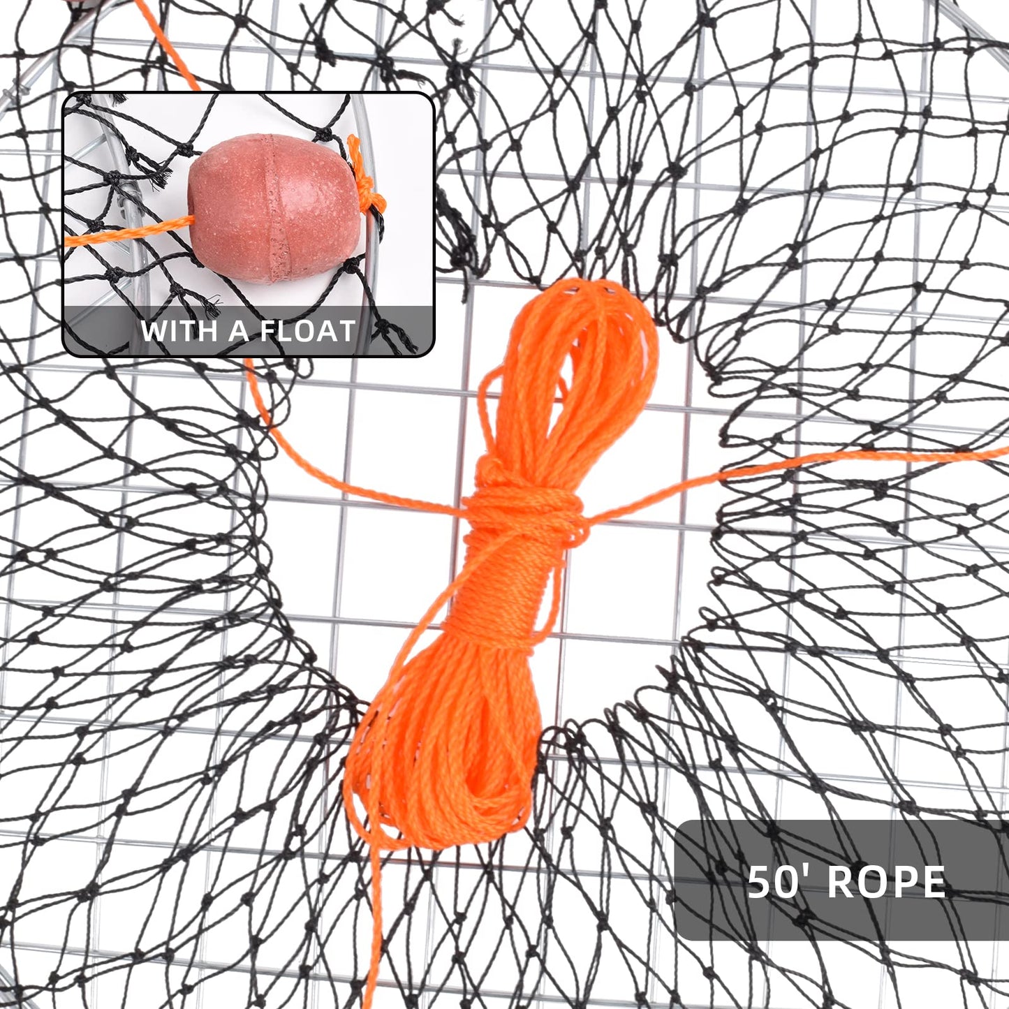 A1FISHER 2 Packs Double Ring Crab Trap Steel Ring Crab Net 24" Top Ring, 20" Bottom Ring with 50' Rope, Bait Bag, Bait Clip, Crab Gauge Measure Kit for Crabbing Dungeness, Rock and Blue Crab