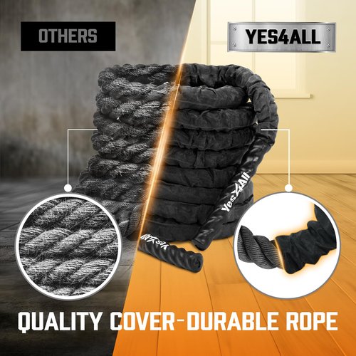 Yes4All Battle Rope with Protective Cover – Steel Anchor & Strap Included - Poly Dacron 2in - 30ft