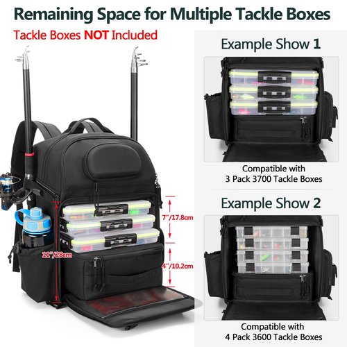 Rexmica Fishing Tackle Backpack with Cooler, Fishing Rod Bag Holds 2 Rods & Reels, Fishing Bag with Compartment for Tackle Boxes, Clothes or Other Gear, Fishing Pole Backpack, Black