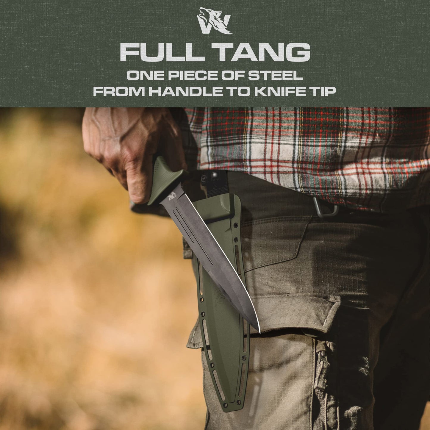 ODENWOLF W-Catcher Fixed Blade Knife with Sheath - Large Hunting-Knife made of D2 steel - Big Fixed Blade Knives with Non-Slip TPE Handle - Full Tang Survivalknife for Outdoor Activities