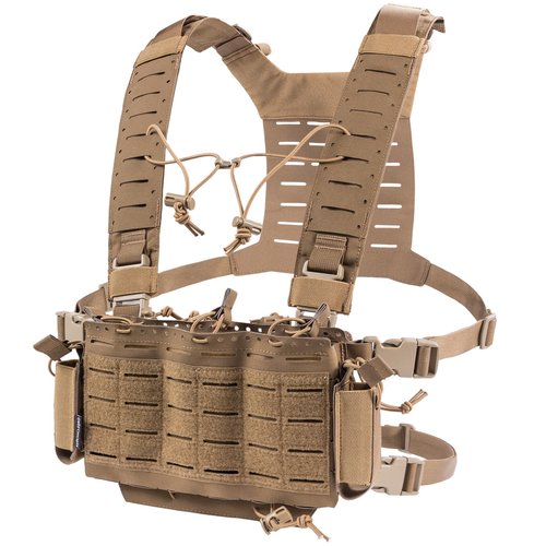 Gwild Concepts Tactical Chest Rig, MOLLE Micro Fight Airsoft Vest with Adjustable Harness, 5.56 Magazine Pouch Holder, 9mm Mag pouch, Abdominal Drop Panel, Coyote Brown