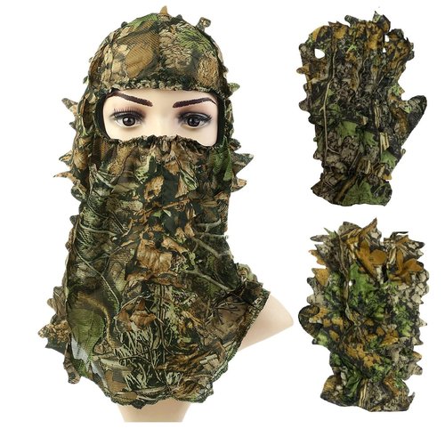SXAOZYRS 2-Piece Set Ghillie Camouflage 3D Leafy Full Face Mask Camo Hunting Gloves, Turkey Camo Hunter Hunting Accessories for Turkey Hunting Fishing Hunting Tactical Camouflage