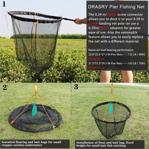 Drasry High Load-Bearing Aluminum Ring Bridge and Pier Fishing Net Rubber Coating Landing Net Foldable Drop Net for Saltwater Freshwater Pier Fishing Baskets 49.2 FT Rope（23.6 * 23.6 * 27.5 in）