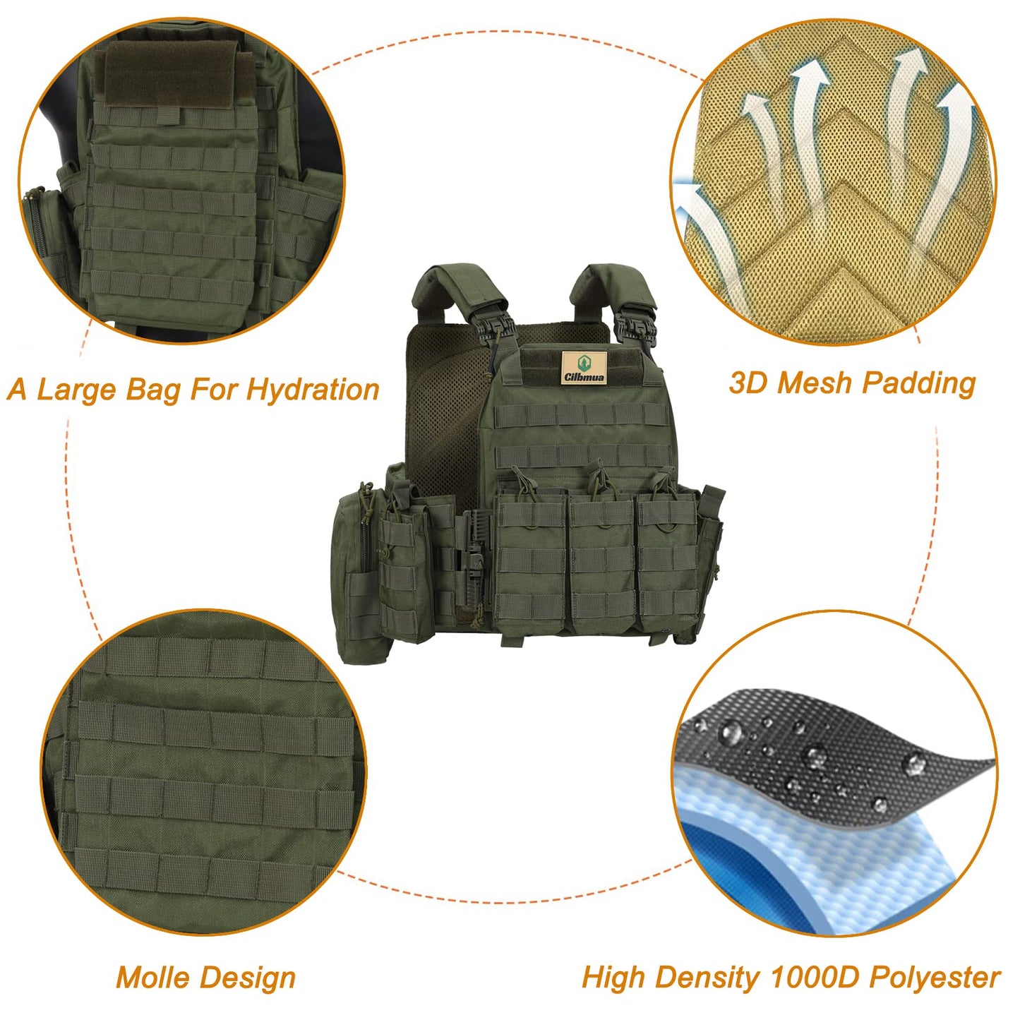 Cilbmua Tactical Vest Quick Release for Men Outdoor Molle Airsoft Vests Adjustable Breathable Weighted Gear for CS/Training (Green)