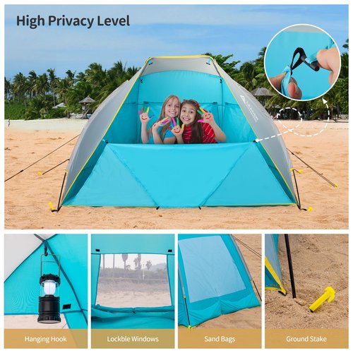 Leader Accessories 2-3 Person Portable Beach Tent, UPF 50+ Beach Shade Tent, Beach Tent Sun Shelter Canopy with Extendable Floor, Blue