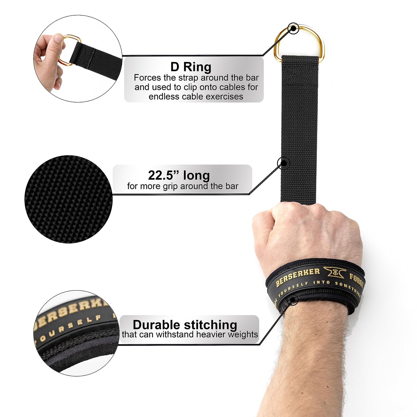 Berserker Forge Weightlifting Wrist Straps with Superior Wrist Support Used for Deadlifting, Bodybuilding, Powerlifting and Newly Designed D-Rings for a Cable Gym Workout! Weight Lifting Straps