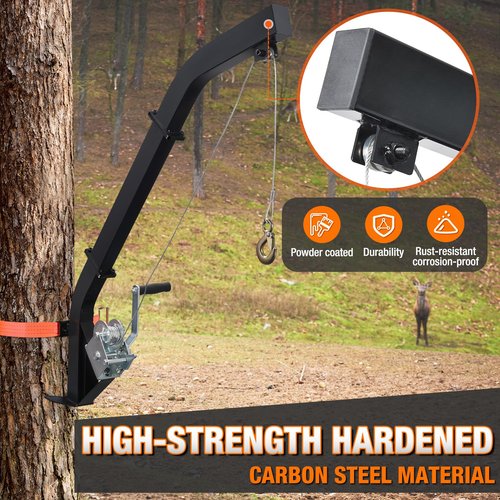 Tree Mounted Deer Hoist for Hunting, 500LBS Hunting Game Hoist Winch Lift, 23FT Steel Cable Heavy Duty Deer Hanger for Skinning, Field Dressing, Included Ratchet Strap Hanging Deer Feeder Hanger