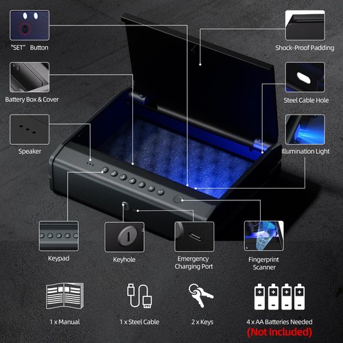 PINEWORLD Biometric Gun Safe For Handgun, Pistol Safe with Fingerprint/Backlit Keypad/Keys, 3 Quick Access Handgun Safe fits 2-3 Pistols, Gun Case with Interior LED Cable for Nightstand Car Large Size