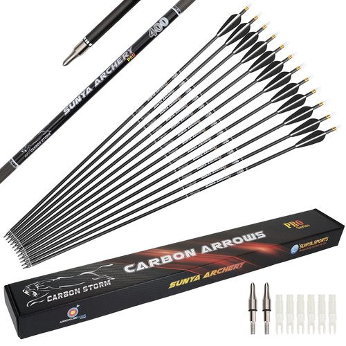 SUNYA Archery Compound Bow Arrows 12pcs Set. 30" Carbon Shaft, Spine 400 or 500 with Removable Tips (Black White-Spine 400, Spine 400-30Inch)