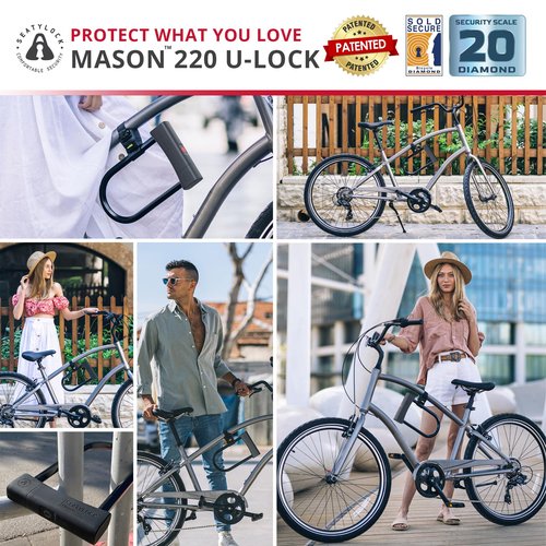 Seatylock Mason Bike U Lock - Patented Heavy Duty Anti Theft Diamond Security Bicycle Lock - Super Wide Safety Master Tool ULock with Keys for Electric Bikes Scooters and Motorcycles (8.66 Inch)