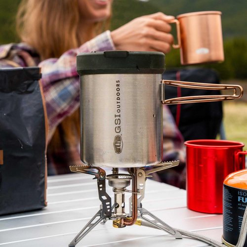 GSI Outdoors Glacier Personal Javapress Stainless Steel Press Mug with Folding Handles and Pour-Through Lid – Brews 22 fl. oz.