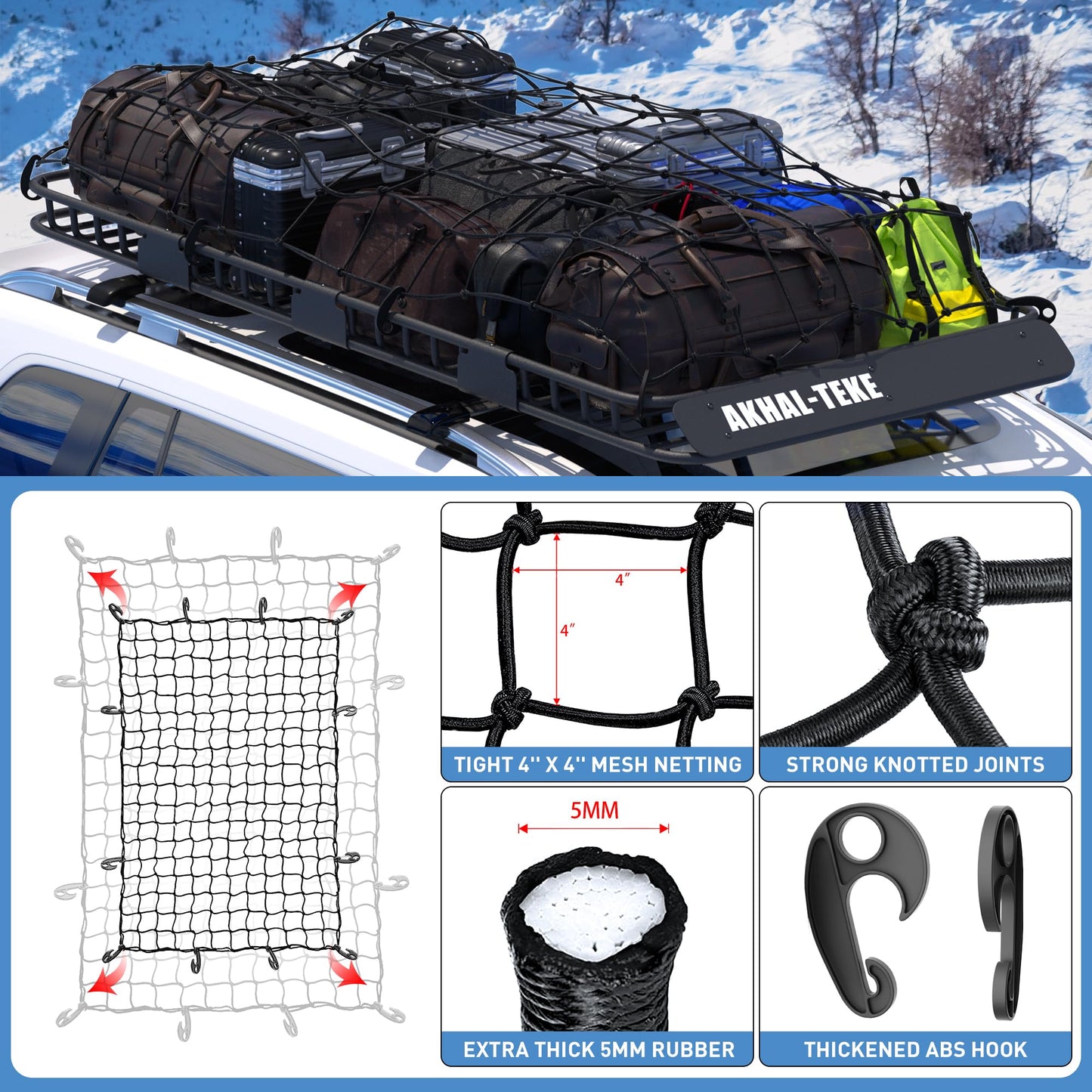 AKHAL-TEKE Roof Rack Basket, Upgraded 84"x 39"x 4" Roof Rack Cargo Carrier with 4' X 6' Super Duty Bungee Cargo Net, 2 pcs Ratchet Strap Fits for SUV Truck Cars