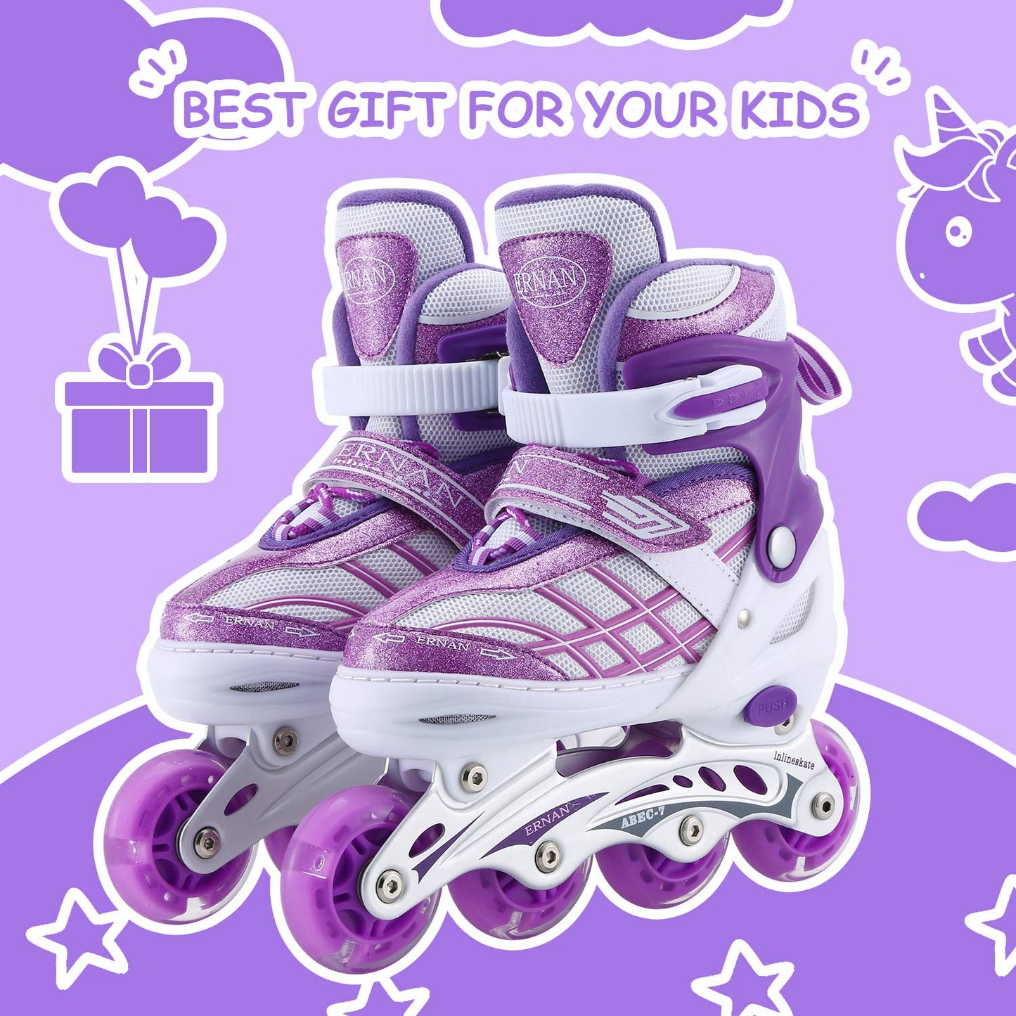 Kids Inline Skates for Girls Boys Beginners Adjustable, All 8 Wheels Illuminating. (Purple, Small (12J-2))
