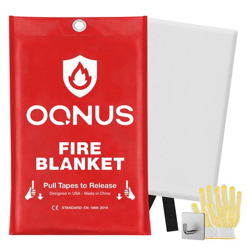 Oqnus Emergency Fire Blanket - Fiberglass Safety Fire Retardant Blanket with Hook & Gloves | Fire Suppression Blanket for Home, Kitchen, Garage & Camping, 40” x 40” - White, Pack of 1
